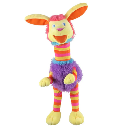 The Puppet Company Striders Rabbit Stompy is a vibrant, plush puppet featuring large yellow ears with orange inner ears and a striped body in hues of yellow, pink, blue, and green. It has a fluffy purple midsection, round eyes, and an open mouth that gives it a cheerful appearance. This friendly puppet stands upright and is incredibly easy for children to use.