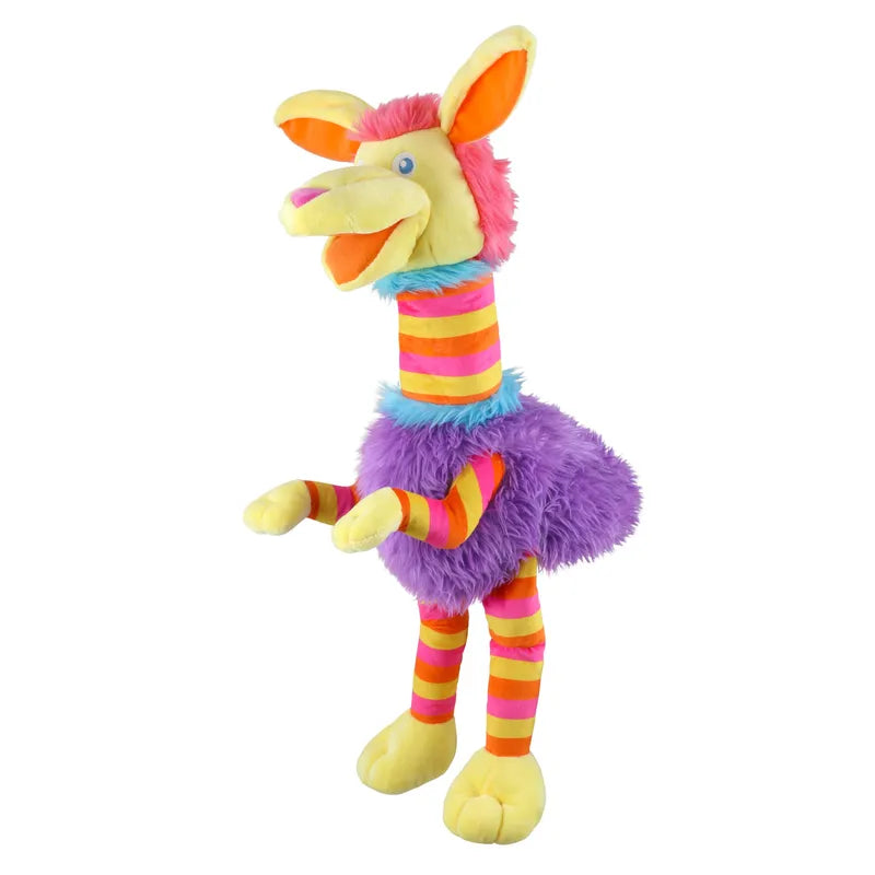 The Puppet Company Striders Rabbit Stompy features vividly striped legs and neck in pink, orange, and yellow with a fluffy purple body. Its mouth is open, revealing an orange tongue, and it sports a pink mane and fuzzy blue collar. This friendly puppet has playful and vibrant features, making it easy to use.