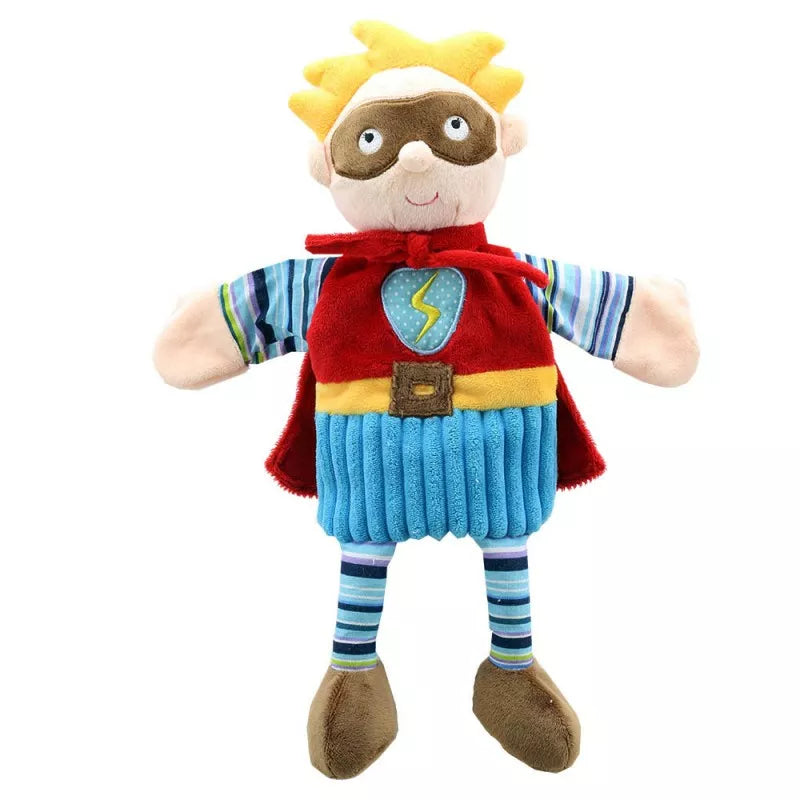 Hand Puppet of a Boy Super Hero with colourful clothes and quality embroidered facial features.  Big enough to be used by children and adults.