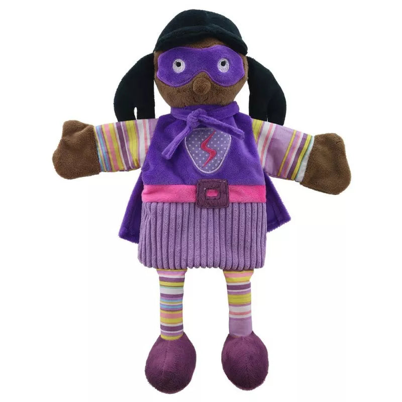 Hand Puppet of a Super Hero Girl with colourful clothes and quality embroidered facial features.  Big enough to be used by children and adults.