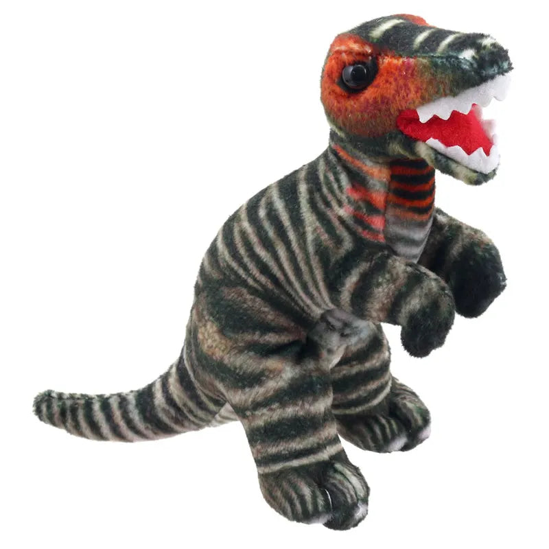 A Dinosaur Finger Puppet T-Rex, reminiscent of a T-Rex, boasts a green and black striped body with orange markings on its head, and white sharp teeth. This delightful dinosaur finger puppet stands on its hind legs with its mouth open, perfect for imaginative storytelling with its red tongue on display.