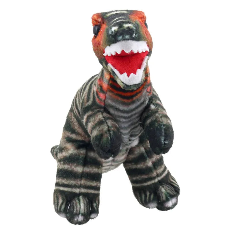 A Dinosaur Finger Puppet T-Rex shaped like a roaring T-Rex, featuring an open mouth with red inner fabric and white teeth. It has a green and black striped pattern with orange accents near the head, adding excitement to storytelling sessions as it sits upright, ready for action.