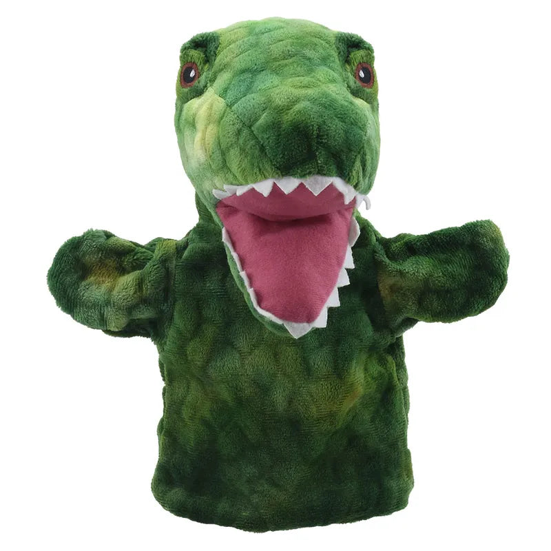 The ECO Puppet Buddies T-Rex Hand Puppet boasts a wide open mouth exposing pink fabric inside and white felt teeth. This plush puppet features two extended arms and a textured pattern that resembles scales. Its brown eyes are wide open, giving it an animated and playful expression, making it perfect for imaginative and creative play.