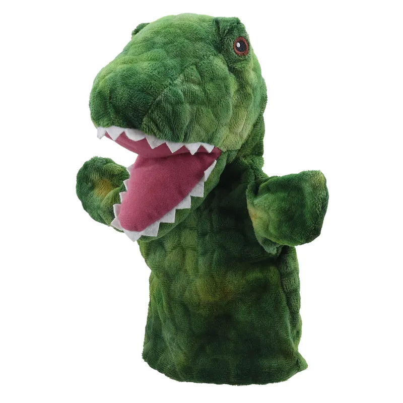 The ECO Puppet Buddies T-Rex Hand Puppet is a green plush hand puppet featuring a wide-open mouth that reveals white fabric teeth and a pink tongue. Designed for imaginative and creative play, it includes two front limbs and textured fabric to mimic scales. Made from recycled materials, the puppet also has one visible brown eye with a black pupil.