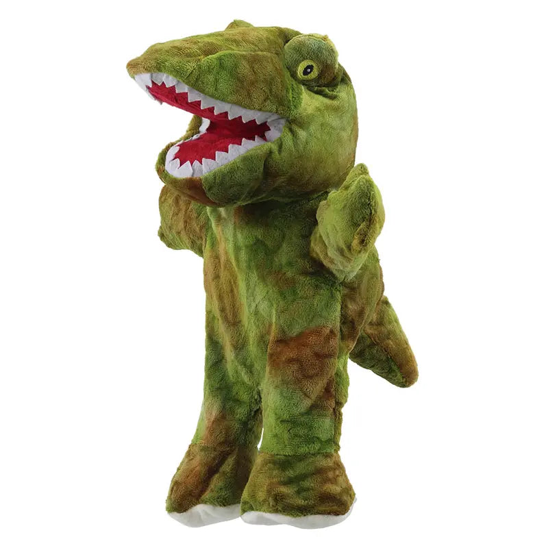 The T-Rex Walking Puppet – ECO is a green plush dinosaur with an open mouth, white teeth, red interior, small arms, and round eyes—ideal as a fun puppet or toy for kids.