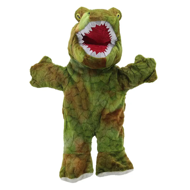 The T-Rex Walking Puppet – ECO is a green dinosaur hand puppet with an open red mouth, white teeth, and movable arms—great for kids as a fun and eco-friendly dino toy or cuddly puppet.