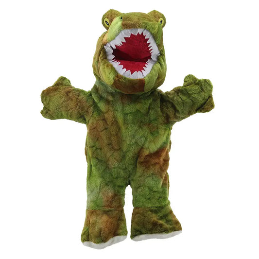 The T-Rex Walking Puppet – ECO is a green dinosaur hand puppet with an open red mouth, white teeth, and movable arms—great for kids as a fun and eco-friendly dino toy or cuddly puppet.