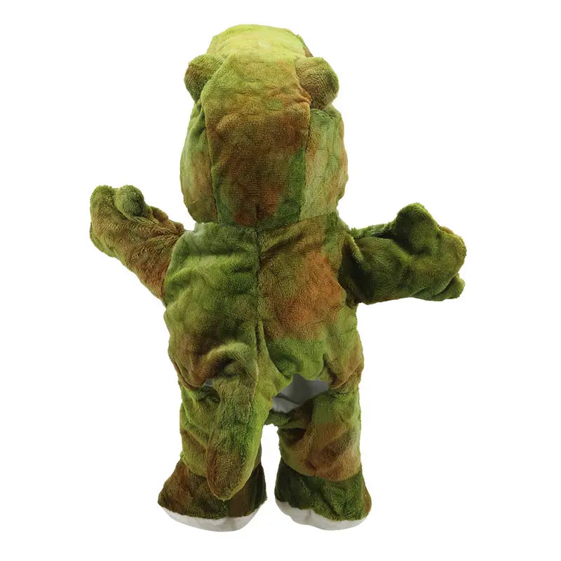 The T-Rex Walking Puppet – ECO is a plush toy in a green and brown dinosaur costume, shown from the back with raised arms and a visible tail—an adorable puppet perfect for kids.