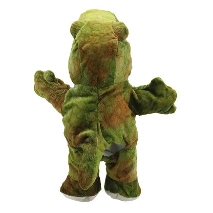 The T-Rex Walking Puppet – ECO is a plush toy in a green and brown dinosaur costume, shown from the back with raised arms and a visible tail—an adorable puppet perfect for kids.
