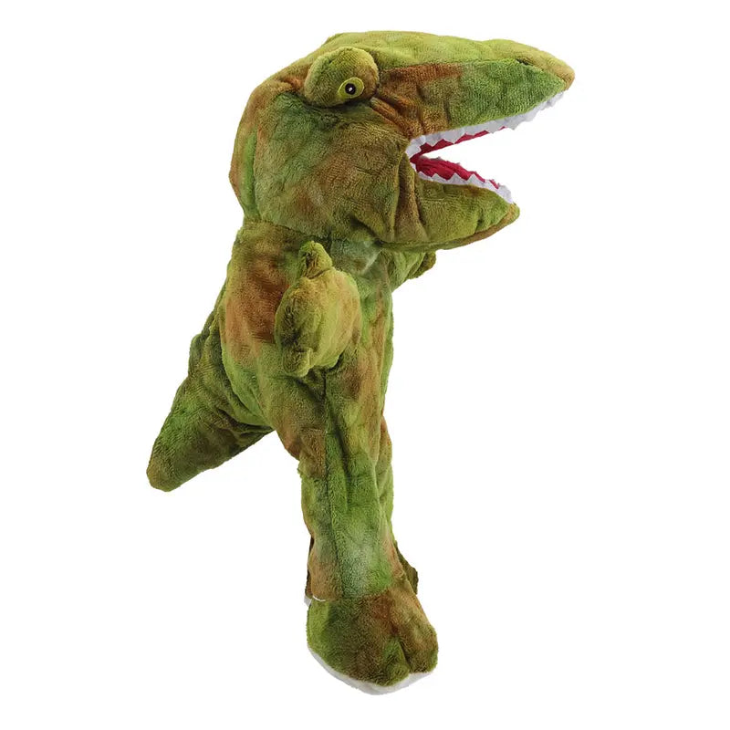 The T-Rex Walking Puppet – ECO is a green and brown dinosaur hand puppet with short arms, an open mouth with white teeth and a pink interior, resembling a Tyrannosaurus rex—perfect for kids’ imaginative play.