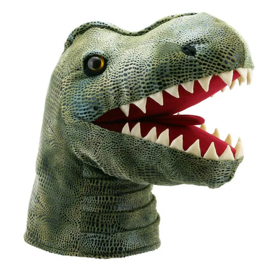 A Hand Puppet shaped like the large head of a T-Rex Dinosaur. The scales are green and brown. The Mouth Moving Puppet shows white flet teeth.