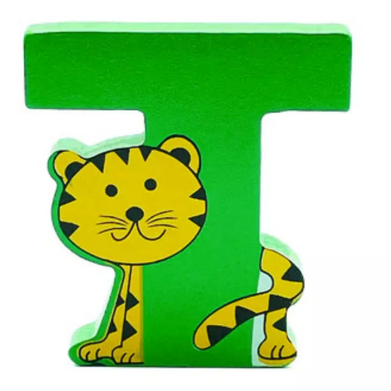 A green and yellow Wooden Letter Animal – T with a tiger on it.