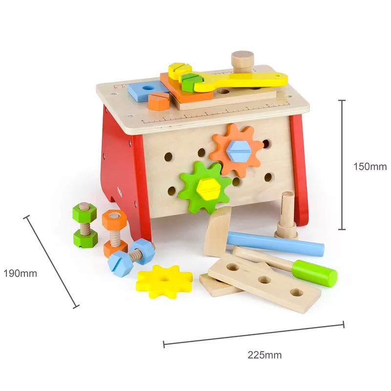 A New Classic Toys Table Top Workbench with gears and pegs on a white background.
