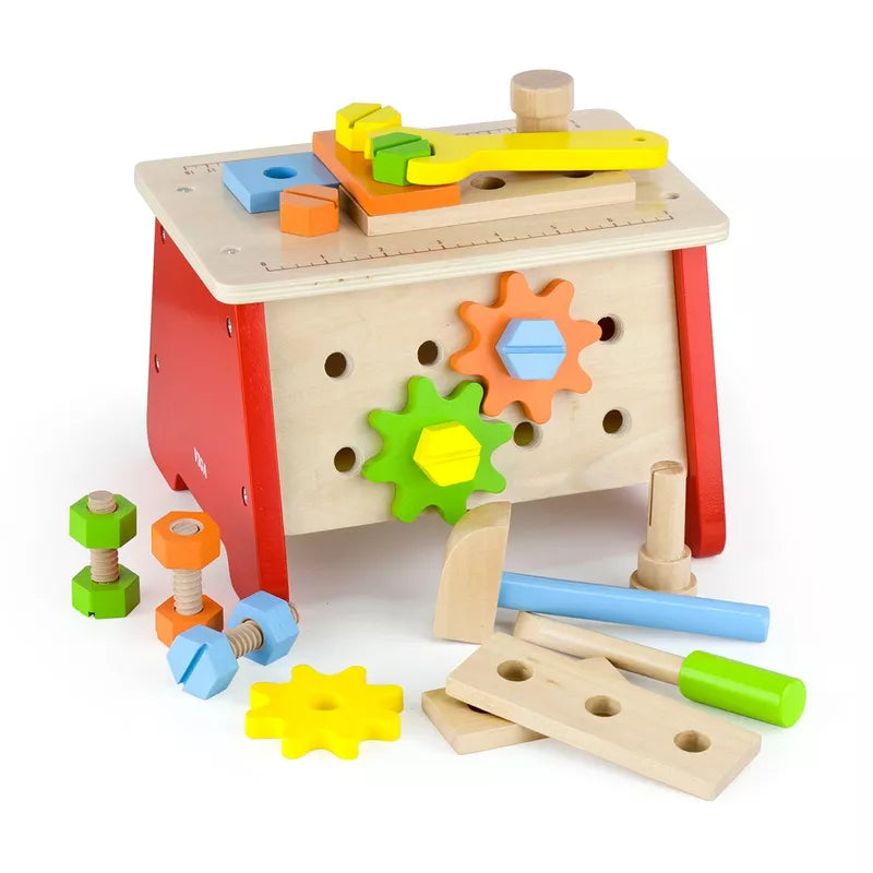 A New Classic Toys Table Top Workbench with various wooden toys.