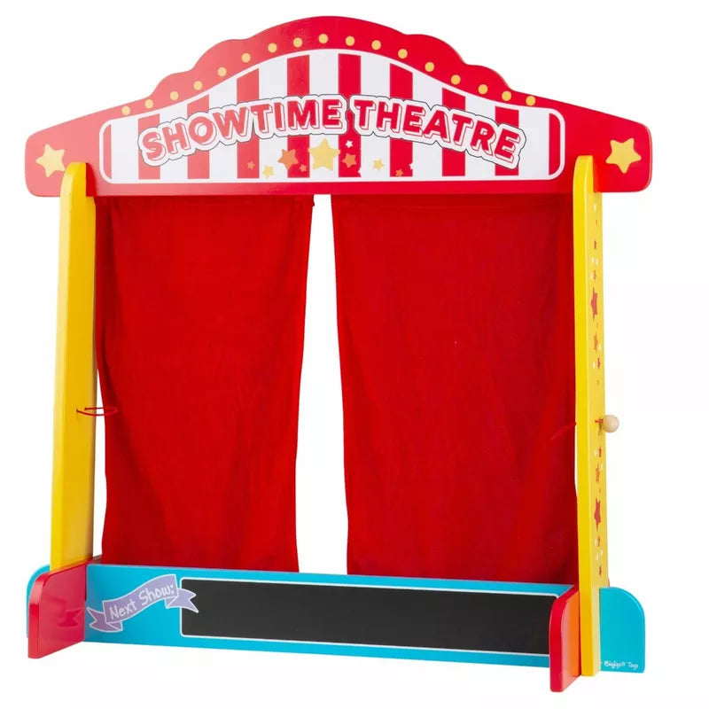 A red and yellow Bigjigs Table Top Theatre with red curtains.