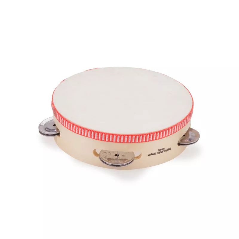 A white New Classic Toys Tambourine with a red stripe around it.