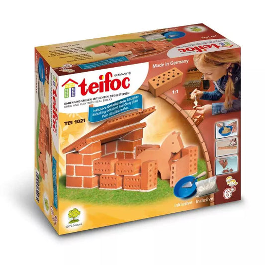 Teffo brick building set, includes Teifoc Brick Construction Horse Stable and uses Teifoc cement.