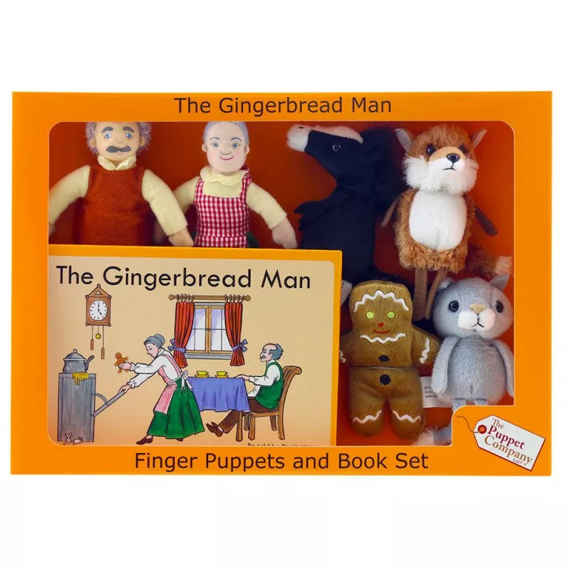 A orange boxed set with Gingerbread Man as finger puppets and a book.The box has a see-through cover to show the puppets and the book.