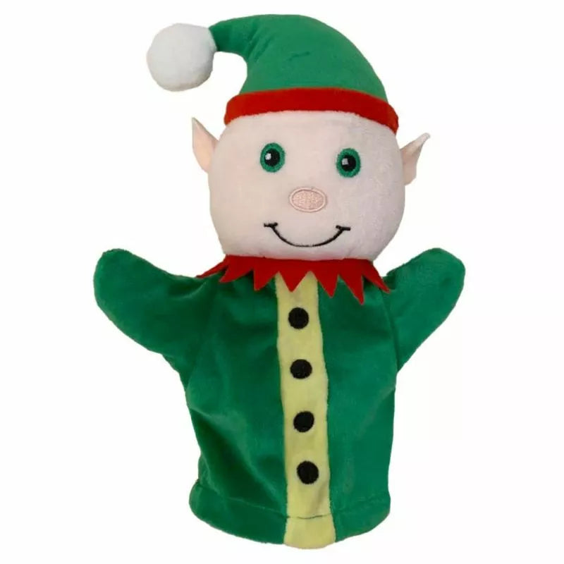 Introducing The Puppet Company My First Christmas Puppet Elf, a joyful hand puppet ideal for bringing Christmas stories to life. It features an enchanting design with a vibrant green outfit adorned with black buttons, festive red trim, and a coordinating hat topped with a white pom-pom. Its smiling face showcases sparkling green eyes and distinctive ears, making it the perfect addition to any holiday stocking.