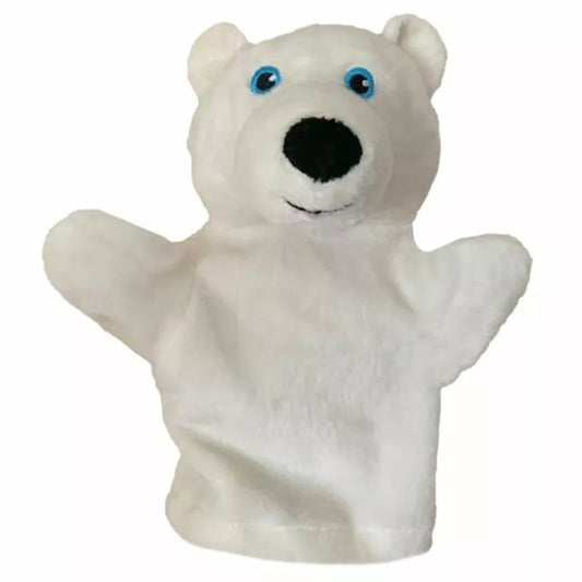 The Puppet Company My First Christmas Puppet Polar Bear, featuring endearing blue eyes and a black nose with arms outstretched, serves as a charming stocking filler against a plain background.