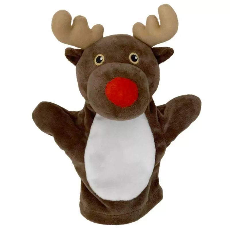 Introducing The Puppet Company My First Christmas Puppet Reindeer, a charming hand puppet featuring brown fur, a white belly, antlers, and a big red nose. Its extended arms bring a playful and festive atmosphere—ideal as a stocking stuffer for the holiday season.