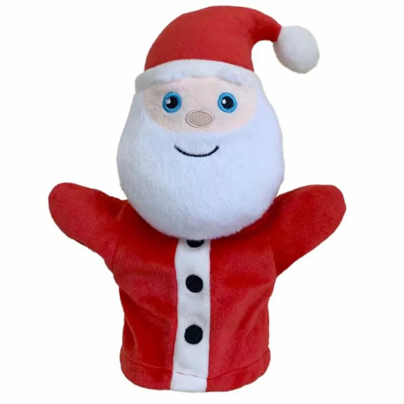 The Puppet Company My First Christmas Puppet Santa Claus, a plush hand puppet, features a red hat and coat adorned with black buttons and is complemented by a white beard. Its smiling face and blue eyes make it an ideal stocking filler, all set against a plain white background.