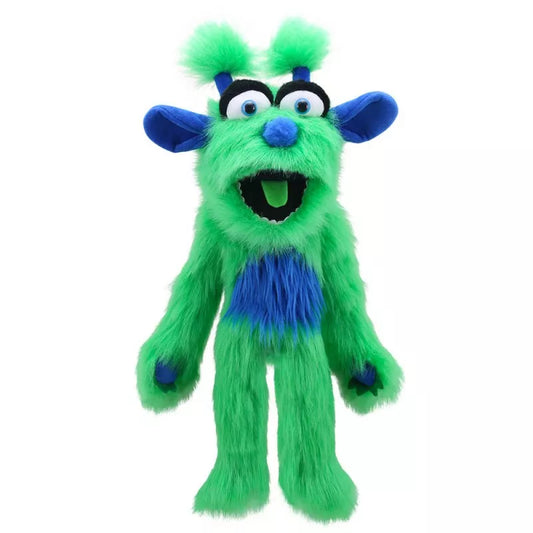 A green and blue The Puppet Company Green Monster stuffed animal with big eyes.