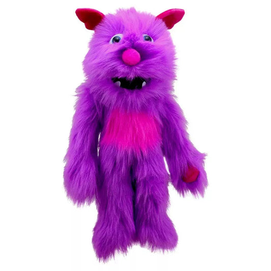 A The Puppet Company Purple Monster stuffed animal in purple and pink on a white background.