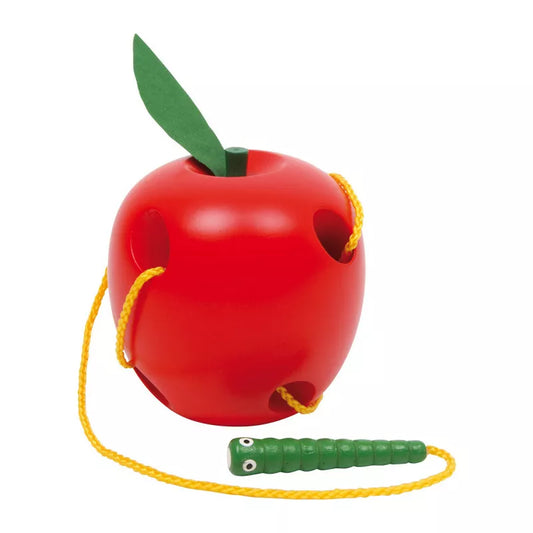 a red Apple and Worm Threading with a green leaf attached to it.