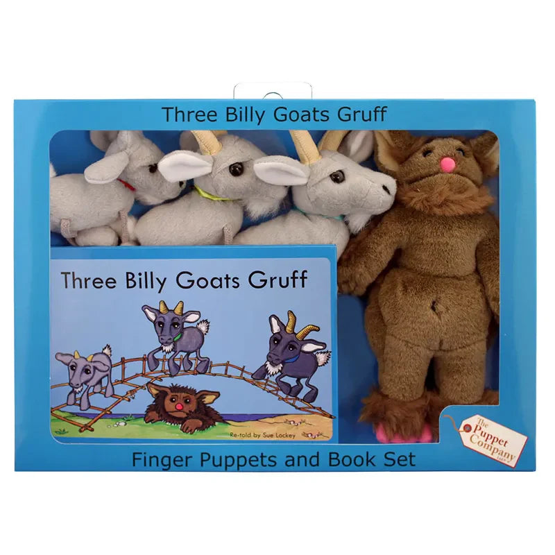 The Puppet Company Three Billy Goats Gruff Finger Puppet Story Set includes a storybook and four finger puppets—three gray goats and a brown troll—in a bright blue package, perfect for interactive storytelling.
