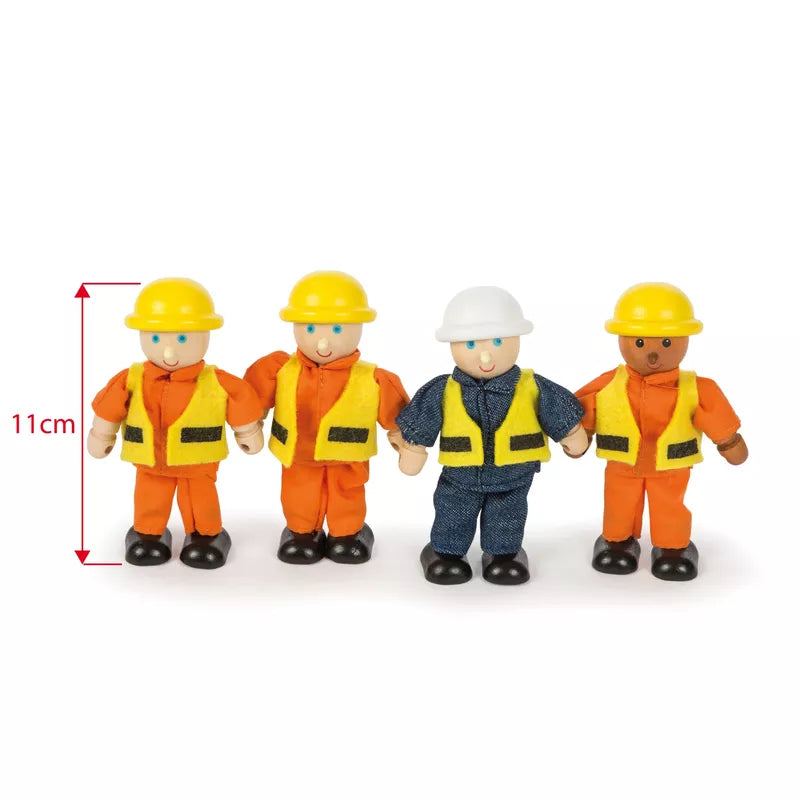 Four Builders Set construction site workers in various outfits, each approximately 11 cm tall, with poseable arms and legs, isolated on a white background.