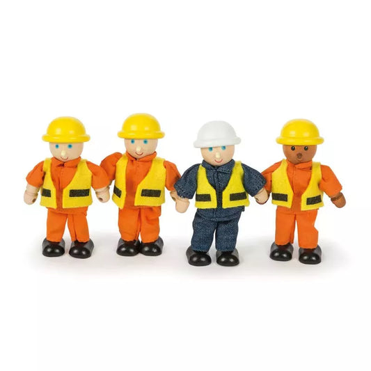 Four Builders Set figures dressed as construction site workers in orange and yellow vests with hard hats, against a white background.