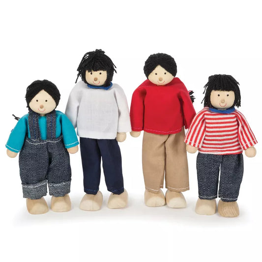 Four multicultural dolls from an Asian Family with various hairstyles and colorful outfits, standing upright against a white background. They wear shirts of red, white, and stripes, and pants in blue and brown.