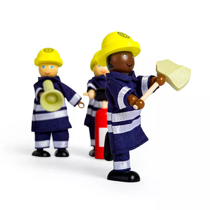 Three Firefighters Set in uniform, designed for imaginative play, with one swinging an axe, one holding a megaphone, and one carrying a fire extinguisher, on a white background.