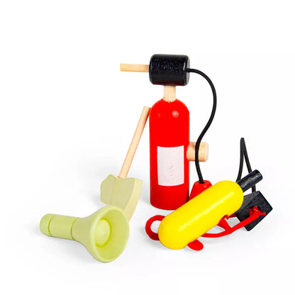 A colorful wooden toy Firefighters Set with a red extinguisher, green axe, yellow hose, and black walkie-talkie on a white background.