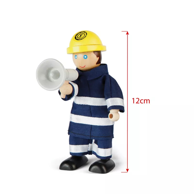 A Firefighters Set, perfect for imaginative play, wearing a blue uniform with white stripes and a yellow helmet, holding a megaphone. A red measurement line shows the toy is 12 cm.