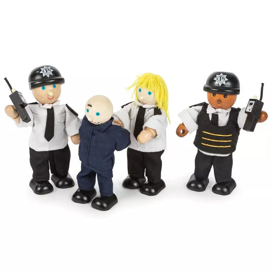 Four Police Officers & Prisoner toy figures in different poses, suited for imaginative play, each holding items like radios and guns, set against a white background. One figure in the center is styled as a civilian.
