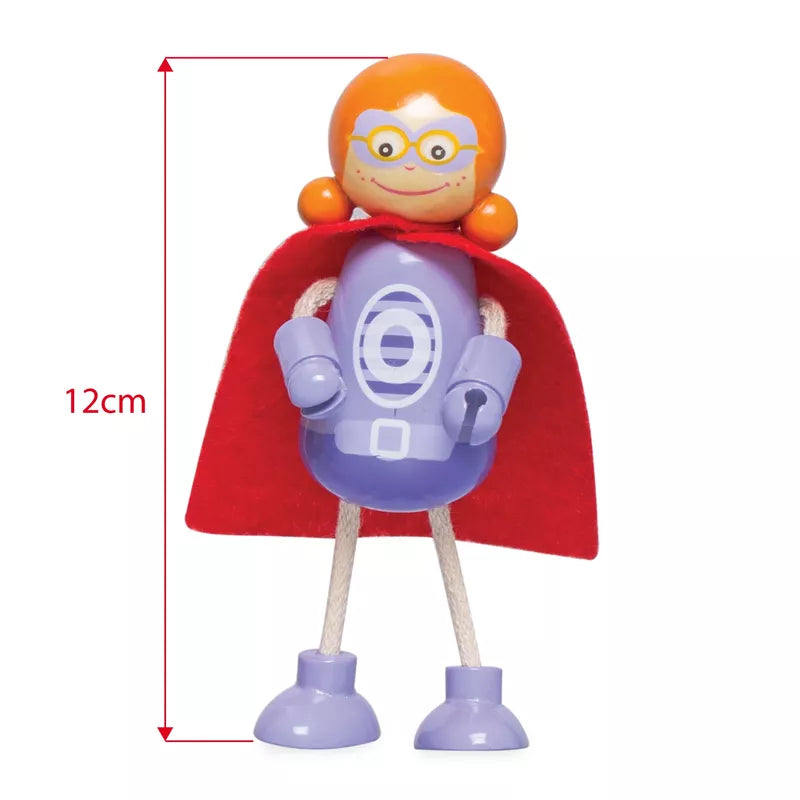 A colorful wooden Superhero Figure Pack with poseable arms and legs, featuring a red cape, purple body, orange face with glasses, and standing 12 cm tall.