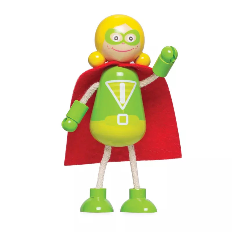A colorful wooden toy depicting a smiling superhero character with yellow hair, a red cape, green boots, and a green body with a white exclamation mark on the chest, featuring poseable arms and legs – Superhero Figure Pack