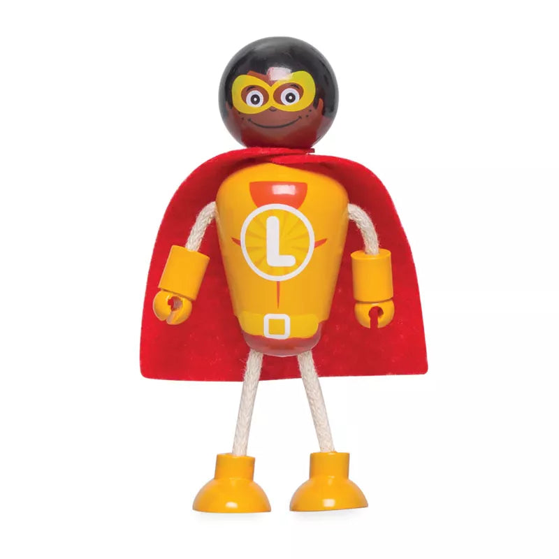 A poseable toy figure of the Superhero Figure Pack with a yellow body marked with a clock, wearing a red cape, yellow boots, and a black mask, isolated on a white background.
