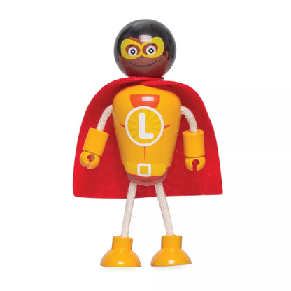 A poseable toy figure of the Superhero Figure Pack with a yellow body marked with a clock, wearing a red cape, yellow boots, and a black mask, isolated on a white background.