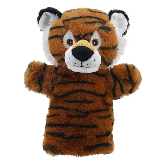 A plush ECO Puppet Buddies Tiger Hand Puppet with a friendly face, black stripes, and raised paws, standing against a white background.