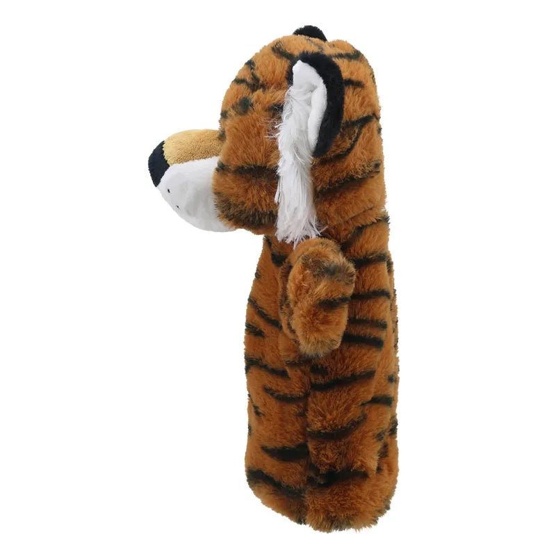Plush golf club cover designed to look like a ECO Puppet Buddies Tiger Hand Puppet, with a striped orange and black body and a white nose, viewed from the side.