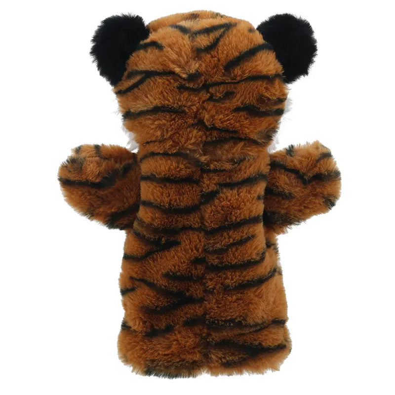 ECO Puppet Buddies Tiger Hand Puppet standing upright, featuring orange fur with black stripes and raised paws, crafted from recycled materials.