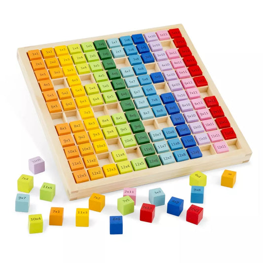A colorful toy wooden board with blocks displaying New Classic Toys Times Table Tray math concepts.