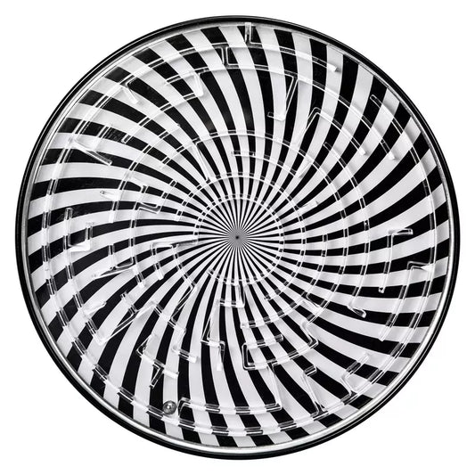A Schylling Tin Ball Maze Black & White plate with a maze-like spiral design.