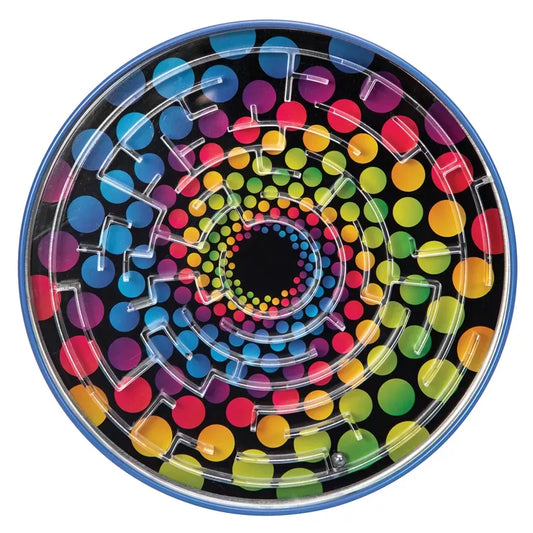 A classic toy, the Schylling Tin Ball Maze Dots, featuring a colorful plate adorned with vibrant dots.
