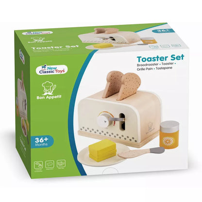 A New Classic Toys Toaster Set White in a cardboard box.