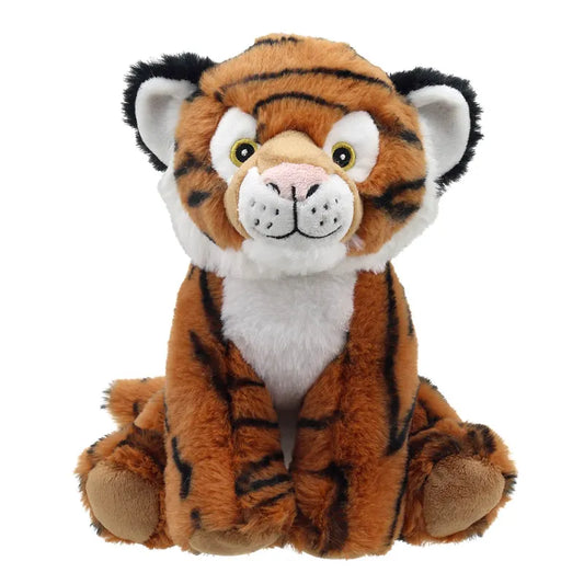 Toby the Tiger ECO Cuddlies, made from recycled materials, sits upright with orange and black stripes. It has a white belly, face, and paws with pink foot pads. This plush toy features large round eyes and a small nose.