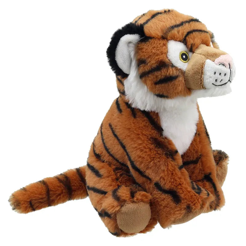 Toby the Tiger ECO Cuddlies is an upright, soft toy tiger with orange fur, black stripes, a white belly and face, and round yellow eyes. Made from recycled materials, it features an extended tail and small round ears.